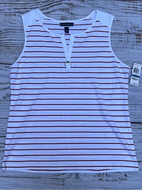 Karen Scott White Tank with Red Stripes and Ring Keyhole